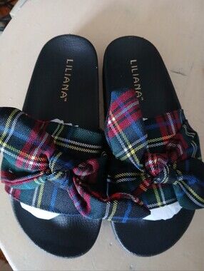 Liliana Cloth Bow Plaid Slides Size 6.5 New In Box